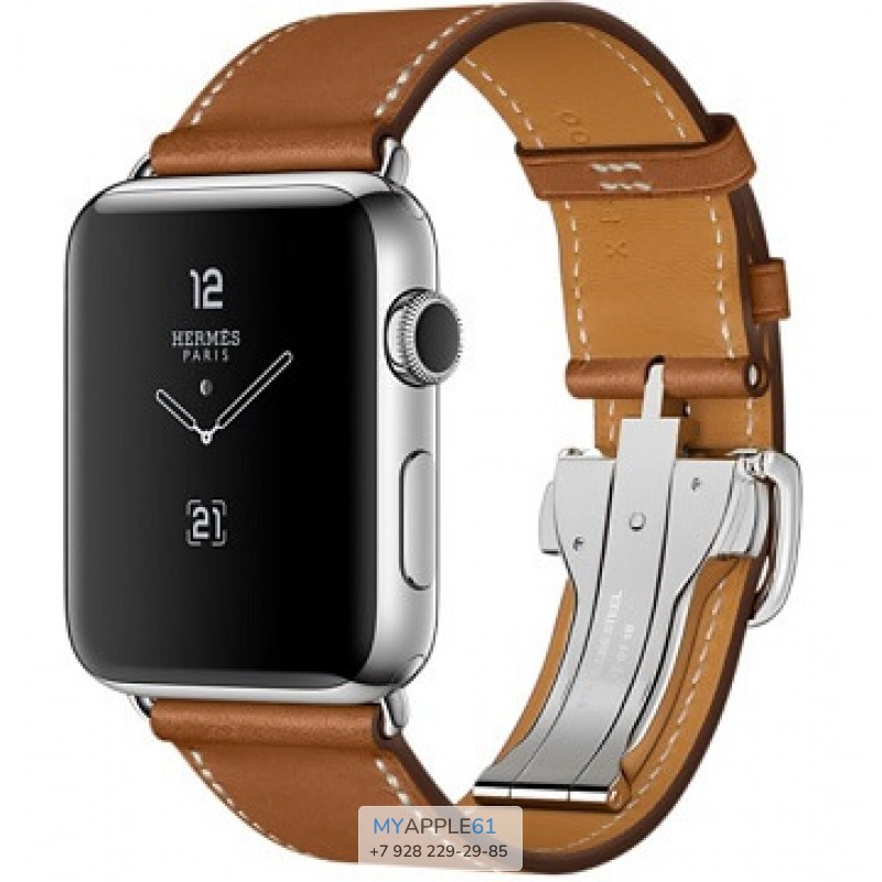 Apple Watch Hermes 42 мм, Корпус из нержавеющей стали, ремешок Simple Tour из кожи Barenia цвета Fauve с раскладывающейся застёжкой